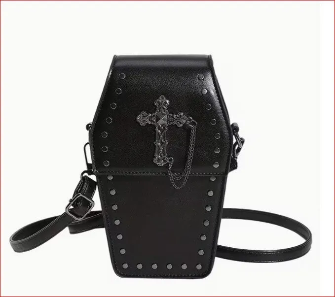 Black coffin-shaped gothic shoulder bag with a cross detail
