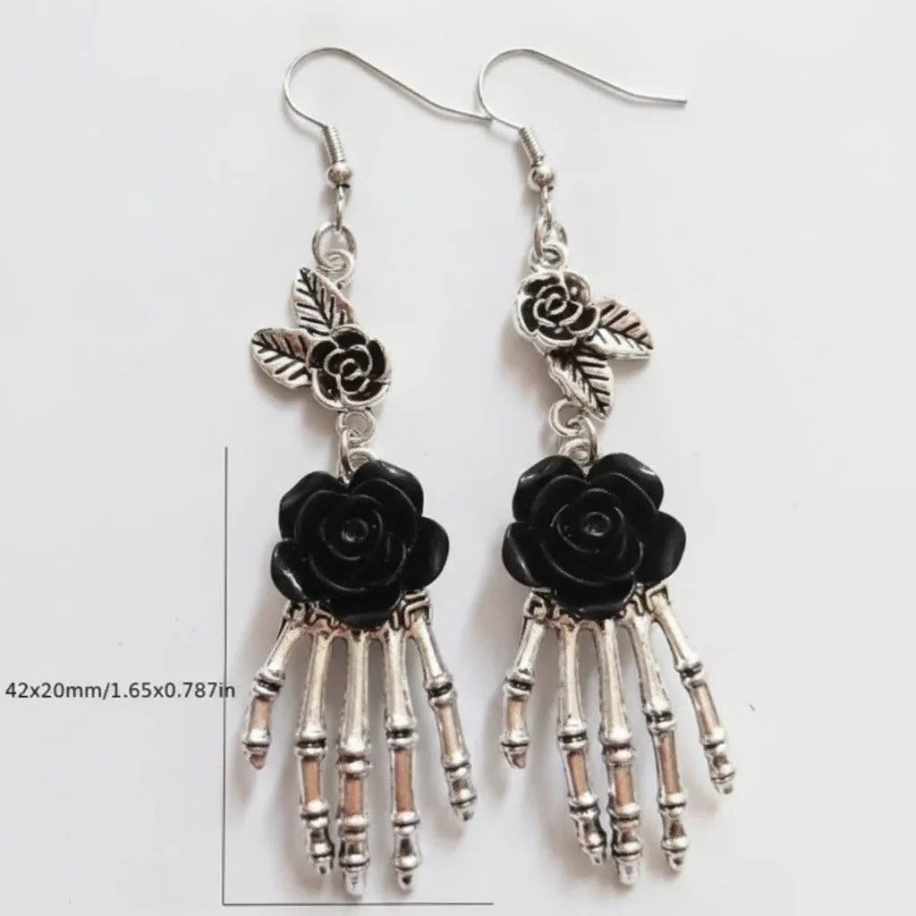 Gothic earrings with skeleton hands and black roses