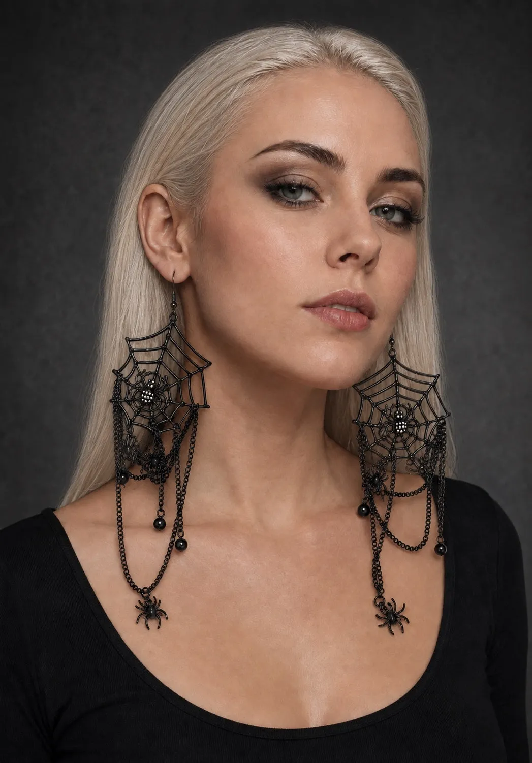 Black spider web Halloween dangle earrings with chains and spider details